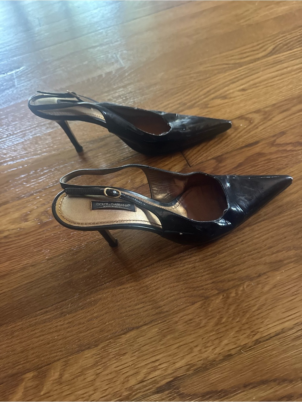 Dolce & Gabbana Black Patent Slingback Pointed Toe Stiletto Heels